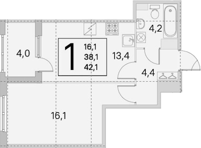 1-комнатная квартира 38.1 м², 2/5 эт., ЖК «ЮгТаун. Олимпийские кварталы»